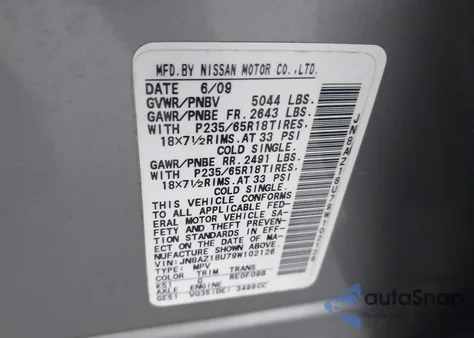 2009 Nissan Murano Sl z USA, uszkodzony, nr VIN JN8AZ18U79W102126